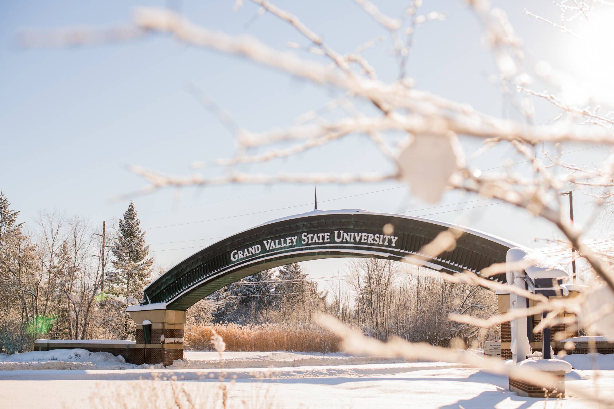Valley Campus Entrance Showing the Arch with GVSU university name on a Snowy Morning